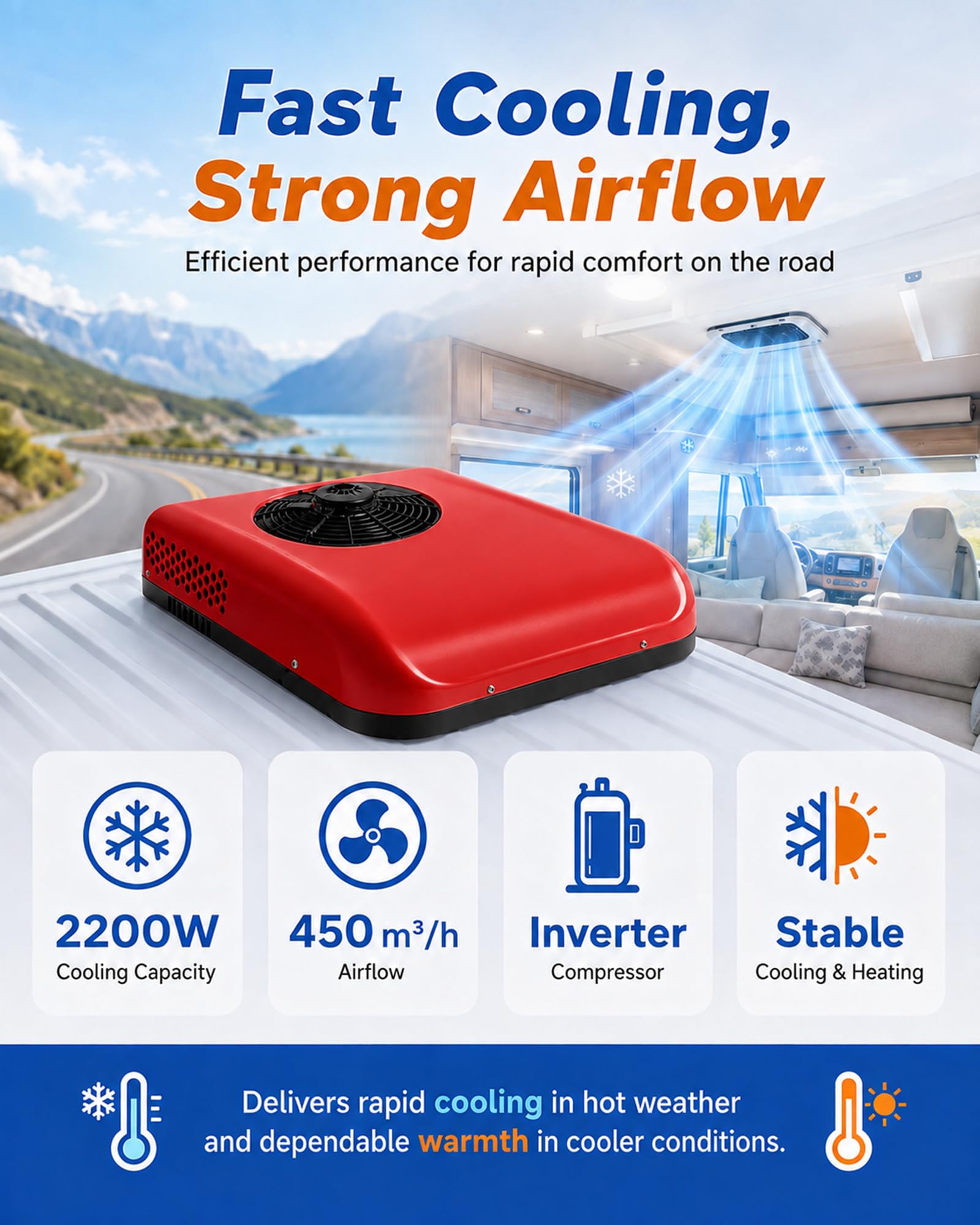 Klimatyzator Dachowy 12V/24V DC do Kampera i Ciężarówki, Grzanie Red-12V