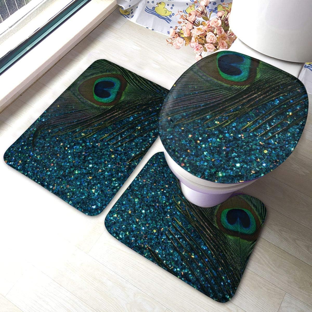 Amazoncom Nyd 1984 Glittery Aqua Blue Peacock Bathroom Accessories Bathroom Rug Mat Set 3 Piece