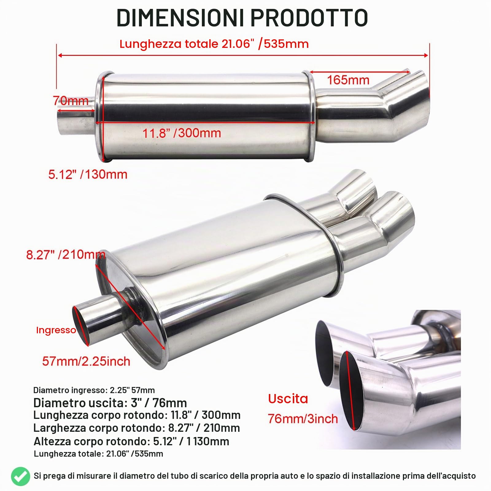 Silenziatore di Scarico Auto Doppia Uscita 2.25"/57mm - Marmitta Terminale Acciaio Inox per Diesel Resonatore Suono Turbo Lunghezza 53.5cm Universale per Sedan SUV Furgoni(Coda Curvata Argento)