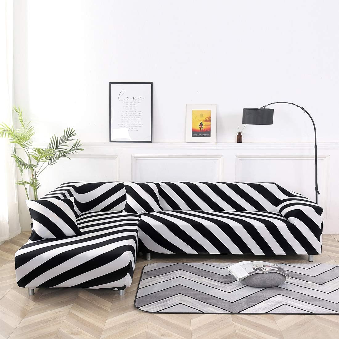 High Elastic Printing Polyester L-Shaped Sofa Cover Non-Slip Sofa Cover; 2PCS Elastic Sleeve Sliding Cover + 2 Pillow Cases(L-Shape 3+3 Seats) (BC005)