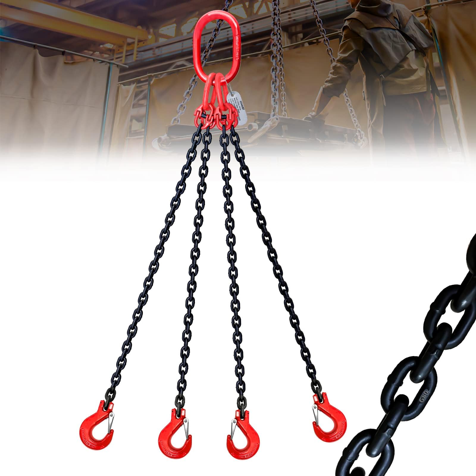 3 Ton 4 Leg Chain Sling 1/4” 10 Ft, G80 Alloy Steel 4 Way Chain Slings Quadruple Leg Slings Lifting with 4 Safety Grab Hooks Heavy Duty for Engine Hoist Lifts…