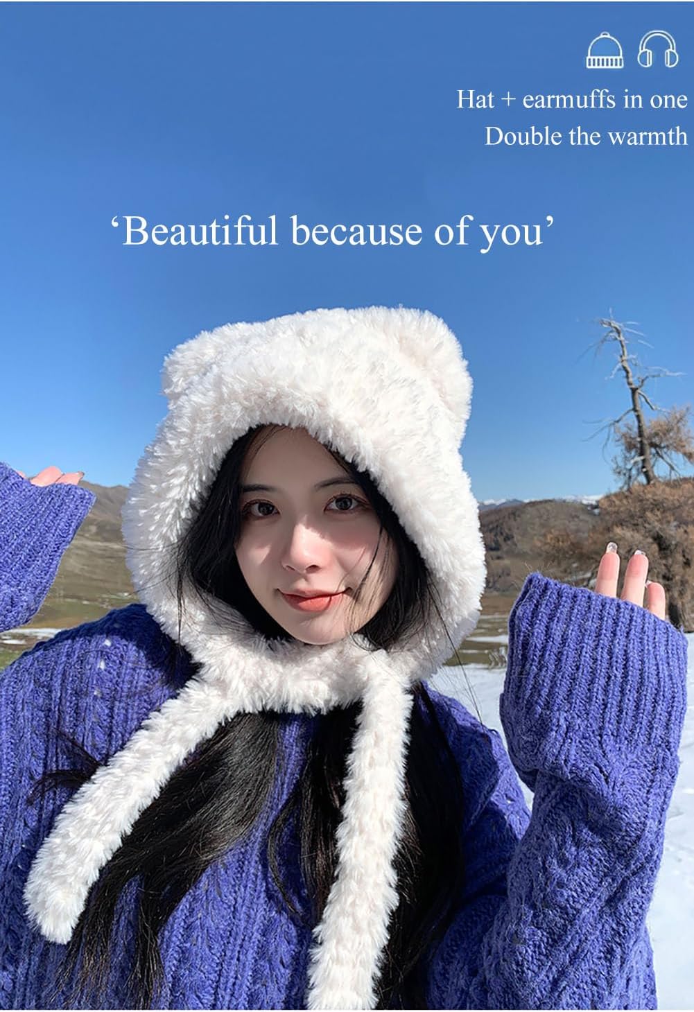 Women Winter Beanie Hats Knit Ear Flaps Cute Stuffed Bear Ears Fleece Lined Fluffy Ski Snow Hat - Image 6