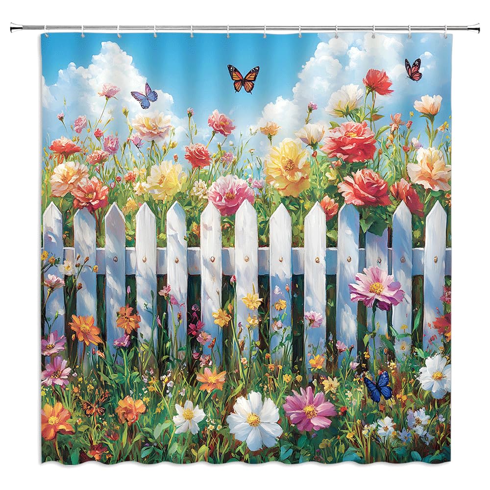 UOZXOML Garden Landscape Shower Curtain Colorful Floral Butterfly Rustic Wooden Fence Spring Summer Nature Plants Greenery Country SceneryFabric