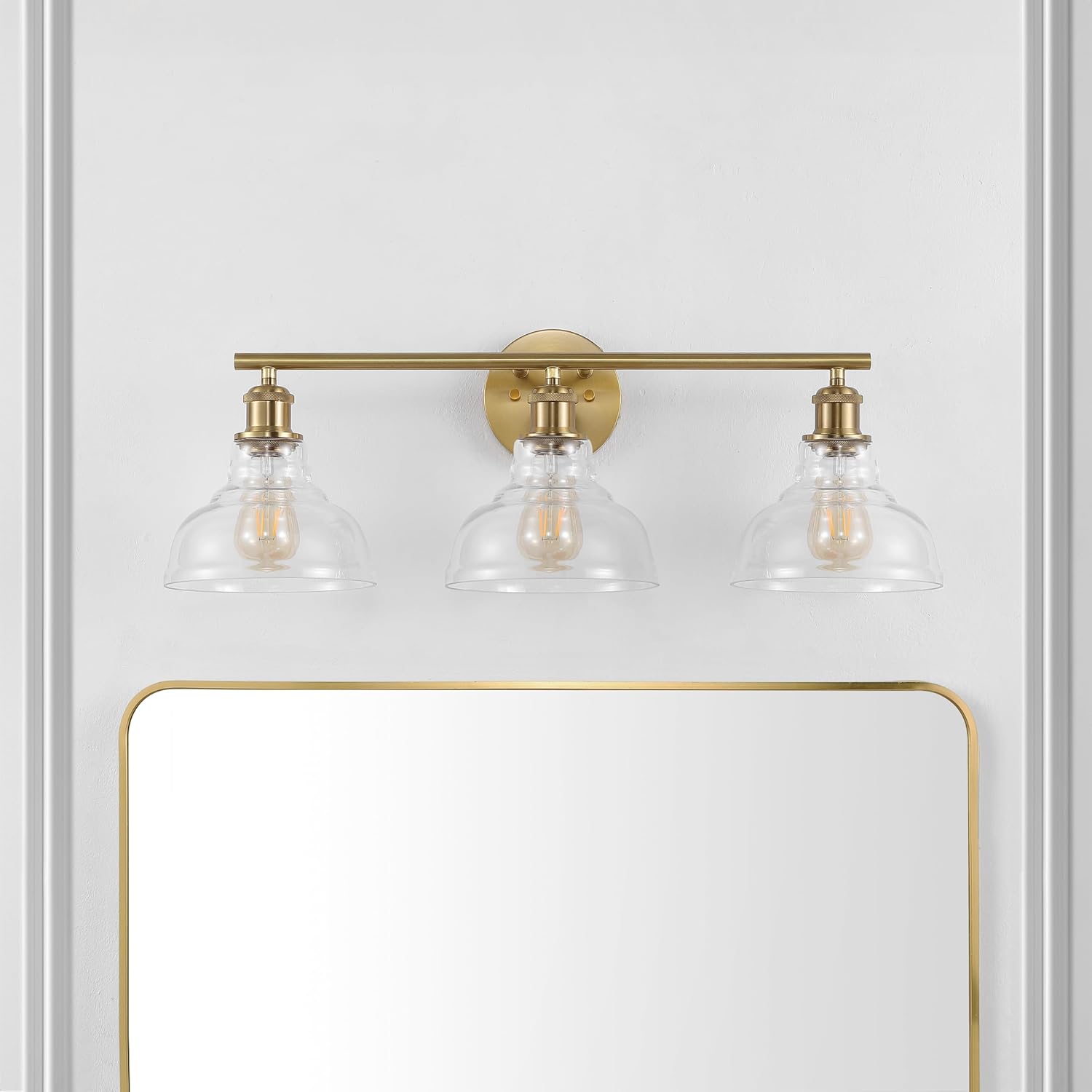 SAFAVIEH Lighting Collection Calyna Brass Gold/Clear 3-light Wall Sconce Light Fixture Ideal for Bathroom, Entryway, Vanity, Foyer, Hallway, Living Room (LED Bulbs Included)