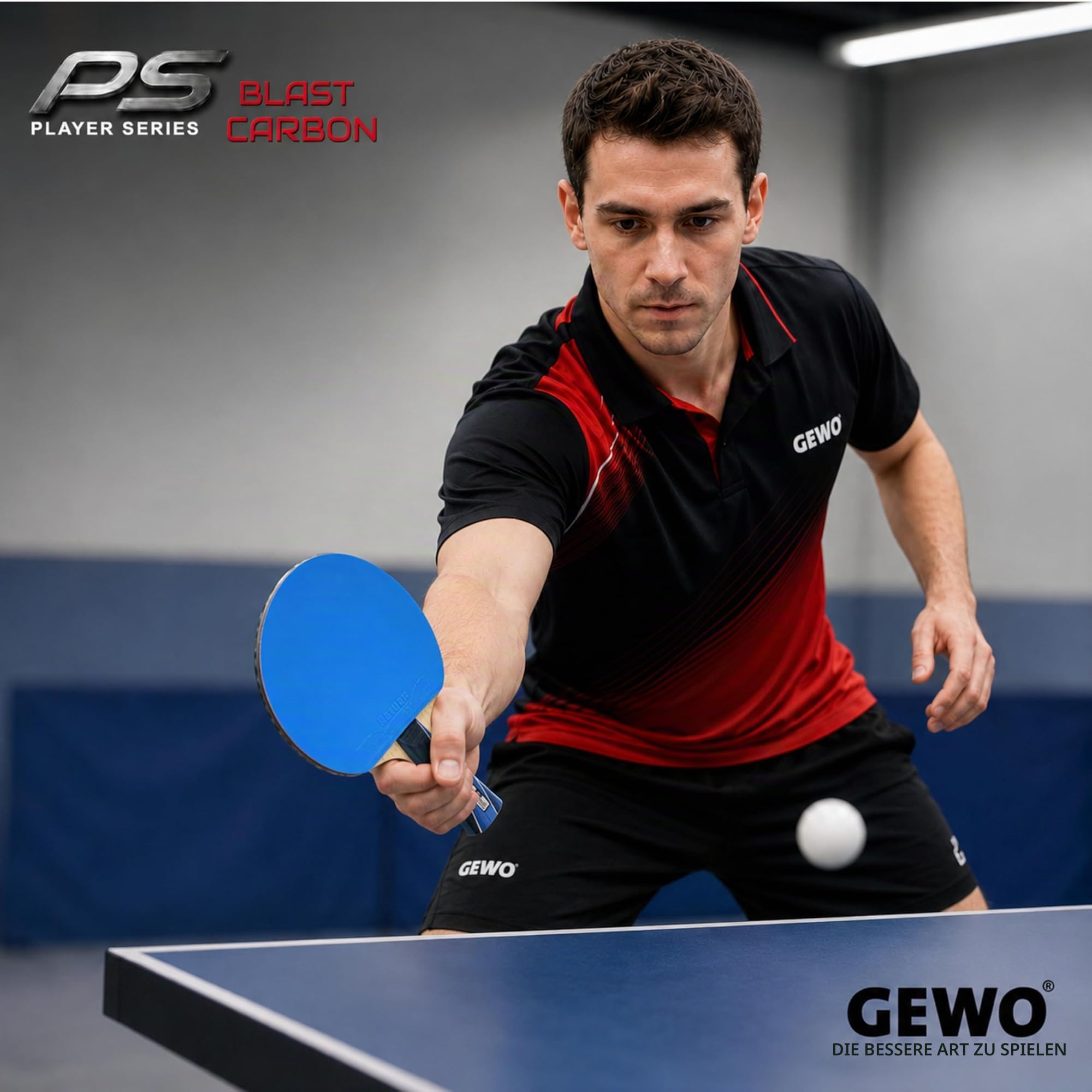 GEWO PS Blast Carbon Tischtennisschläger - ITTF genehmigter Profi-Tischtennisschläger, Carbon-Schläger mit schnellem Belag GEWO Return Pro und hohen Rotationseigenschaften, konkav, 1,8mm Schwamm