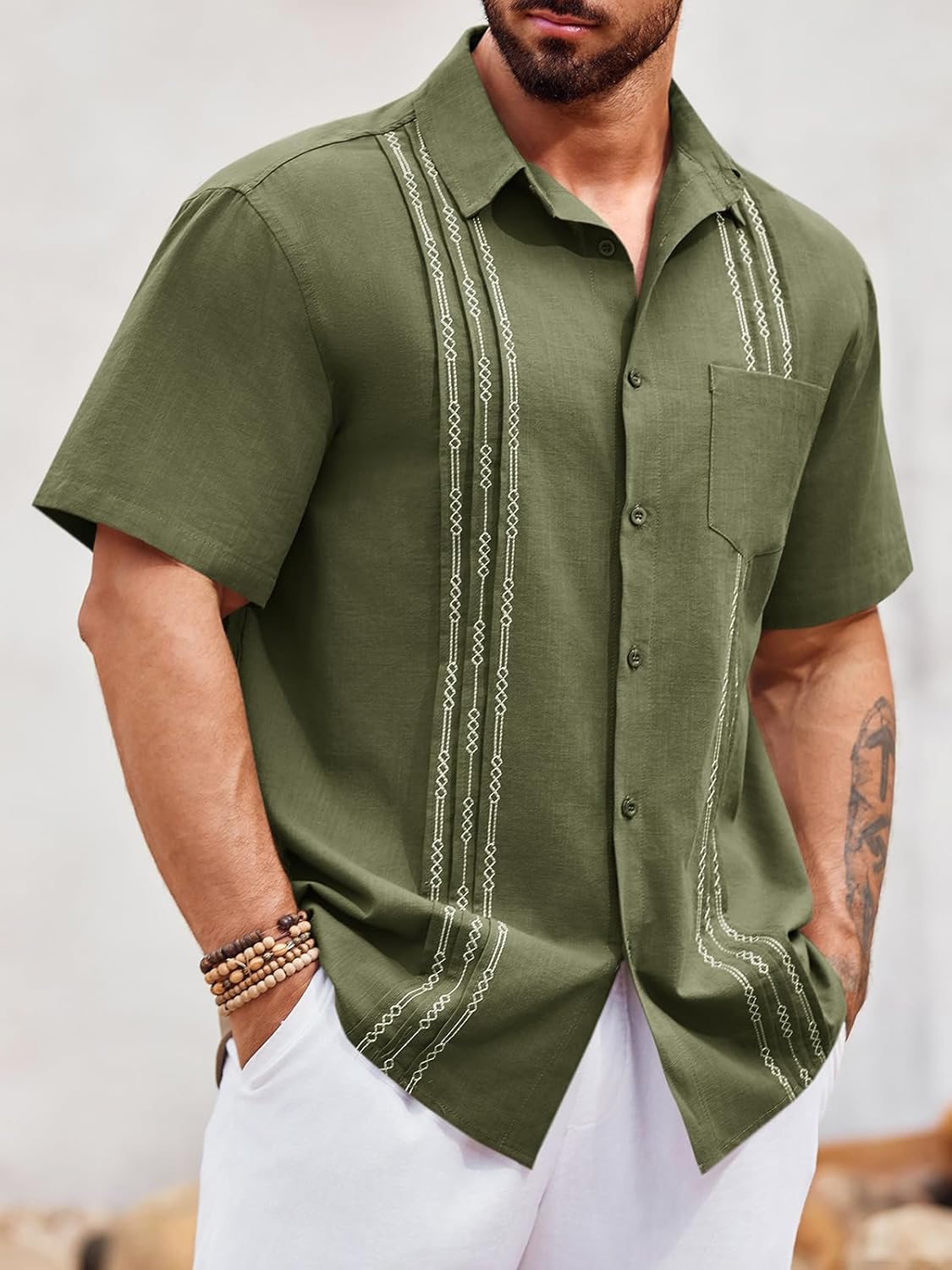 Runcati Mens Linen Shirt Guayabera Cuban Short Sleeve Button Down Summer Beach Hippie Shirts - Image 2