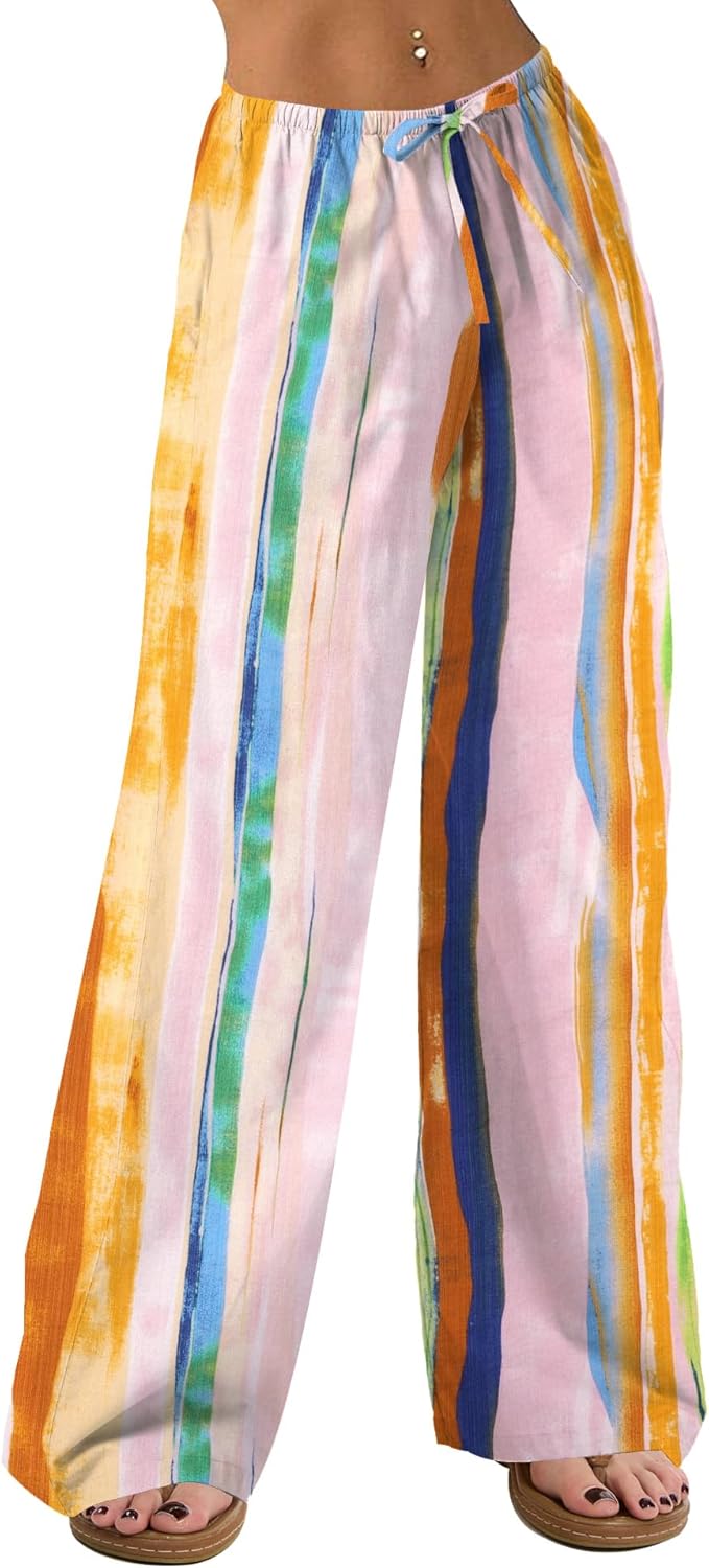 AKEWEI Women Cotton Linen Summer Palazzo Pants Drawstring Waist Wide Leg Lightweight Beach Trousers with Pockets