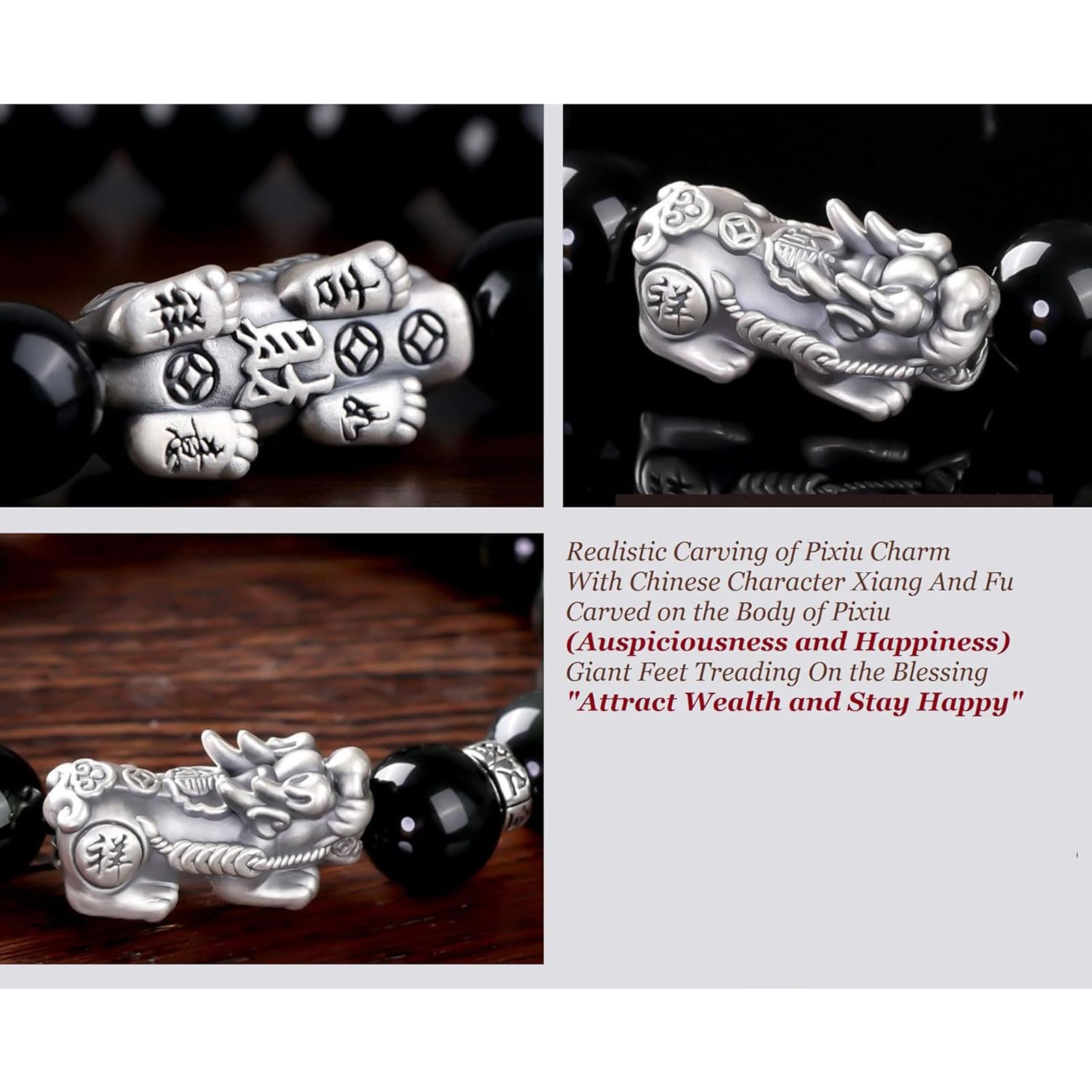 Braccialetto curativo Bracciale in argento con ossidiana, bracciale con perline di Buddha fortunato, perline rotonde, bracciale con perline elasticizzate, gioielli, prosperità, soldi, fortuna