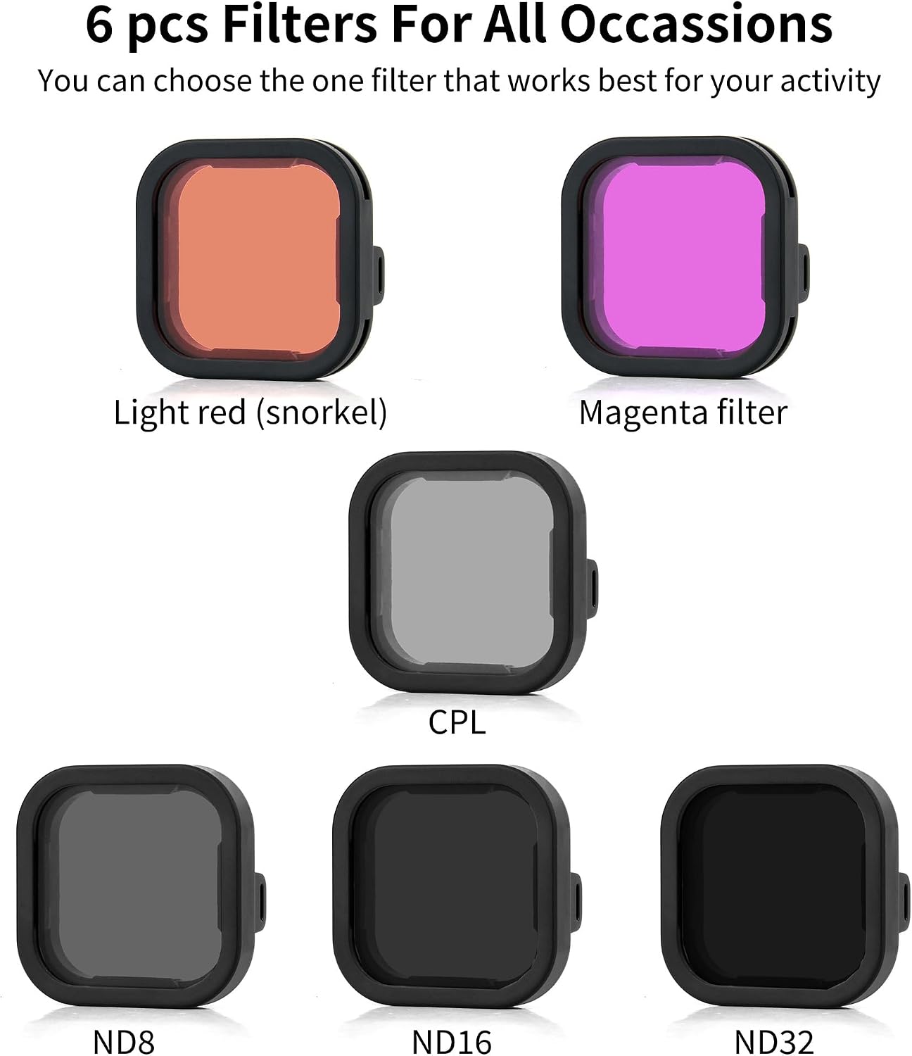 SOONSUN 6-Pack Lens Filter Set for GoPro Hero 13 Black - (ND8, ND16, ND32, CPL, Red, Magenta) Neutral Density, Circular Polarizer & Snorkeling Filters for Outdoor Photography & Video Shooting