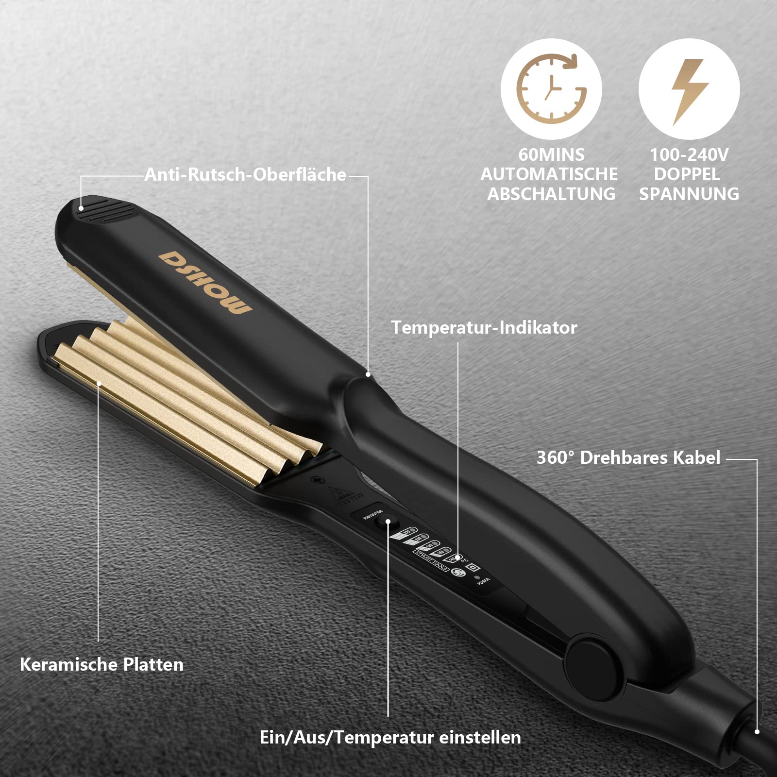 Kreppeisen für die Haare DSHOW Keramik Crimping iron for Hair Glätteisen Haarglätter Kreppeisen und Schnellaufheizung für Glattes und Crimper Haar (Schwarz)