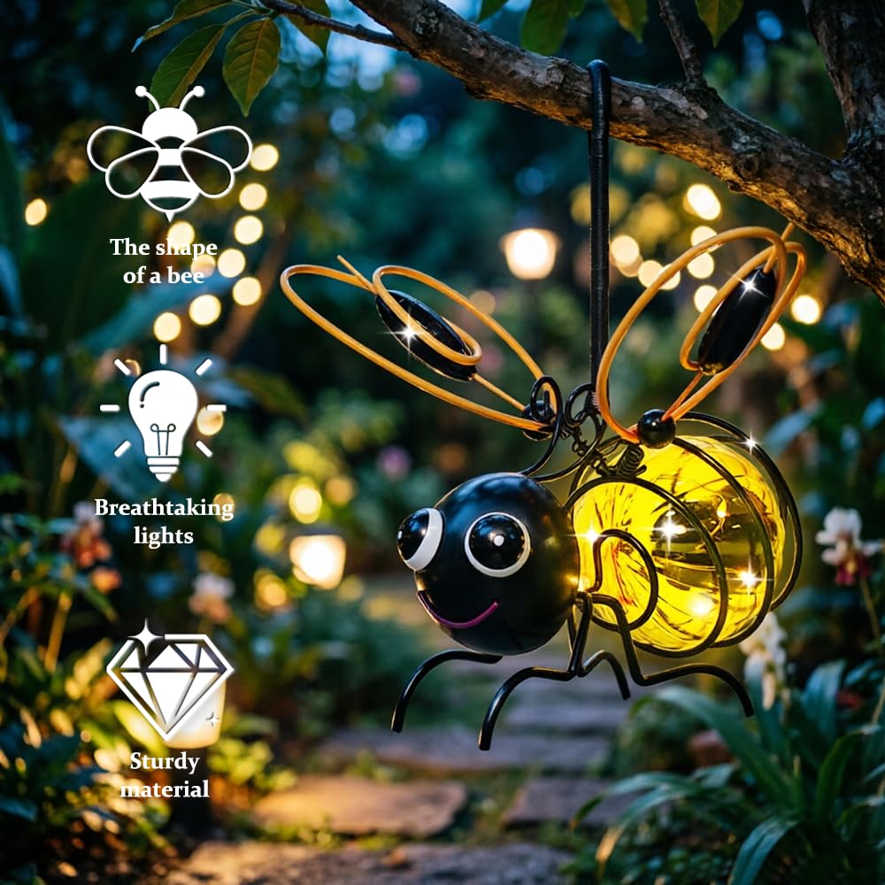 2 Pièces Lampe Abeilles Solaire,Lampes Solaires à Suspendre en Forme d'Abeille pour Jardin,Lumière Solaire D'abeille avec Clipser et Ressorts,Étanche,Suspendu,Jardin,Cour,Terrasse - 3