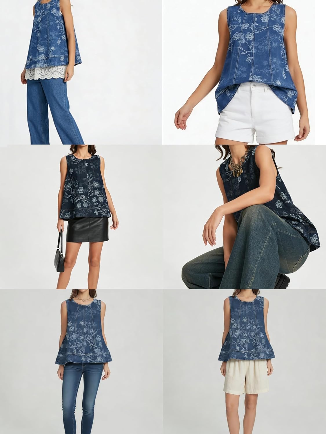 Ladyful Denim Short Sets Women 2 Piece Floral Denim Tank Top and Bermuda Short Set Elastic Waist Jean Matching Outfits