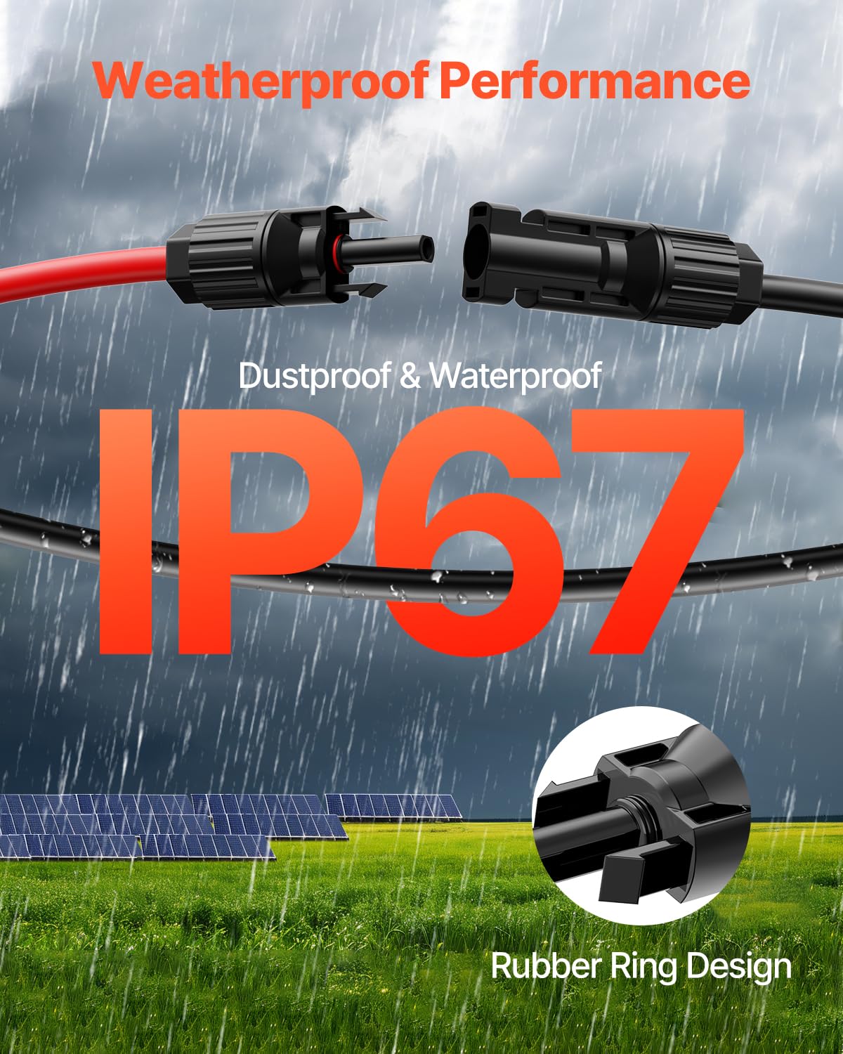 VEVOR 2 PCS Cable de Extensión para Panel Solar de 15,24 m, 10 AWG, Cable Fotovoltaico de 6 mm² con Conectores Hembra y Macho a Prueba de Agua para Paneles Solares Domésticos, de Barco, Negro y Rojo