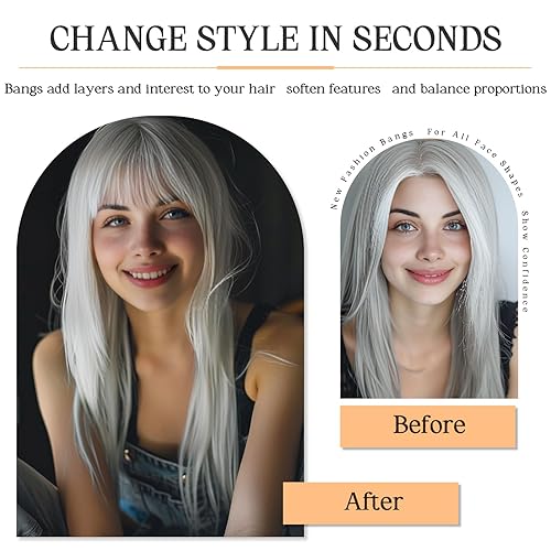 Miniatura 2 de Flequillo con clip de color gris plateado, extensiones de cabello 100% humano, flequillo falso de estilo francés para mujer, flequillo sintético