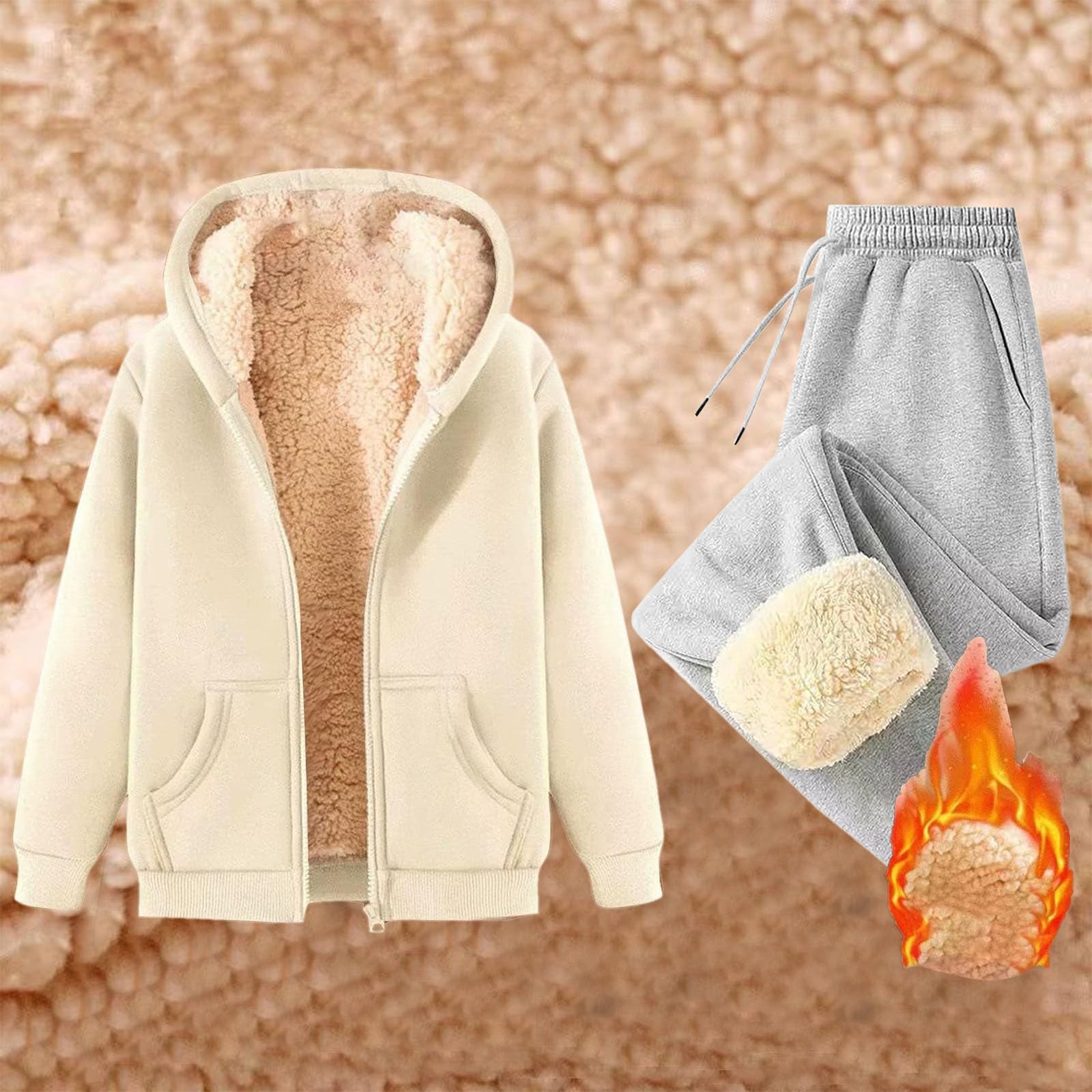 Chándal de invierno para mujer, deportivo, de forro polar, cálido, sudadera con cremallera, capucha y pantalones de terciopelo, conjunto de 2 piezas, chándal de gimnasia de vellón forrado