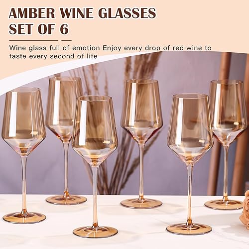 Miniatura 7 de Juego de 6 copas de vino ámbar sopladas a mano, de tallo largo, no se decolora, juego de 6 copas de vino de cristal ámbar para bar, fiesta