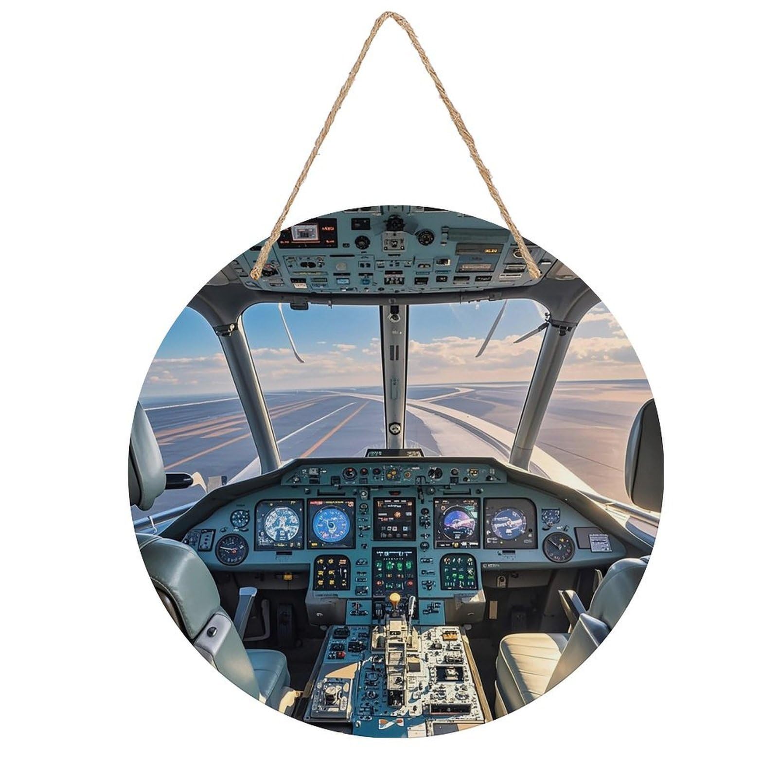 FekiLoot Airplane Cockpit Wall Art Decor Rustic Welcome Sign Round Wood Hanging Sign Decoration Wood Plaque Door Hanger Wooden Signs Wall Hanging Decor Housewarming Gift for Home Outdoor Indoor