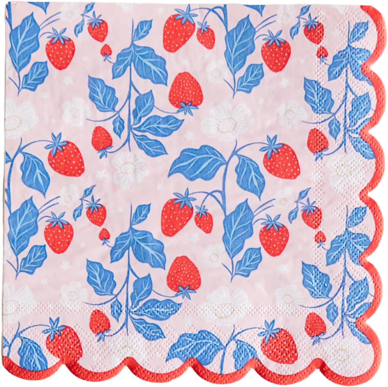Bonjour Fête Strawberry Large Paper Napkins | 3-Ply Scalloped Lunch Napkins for Summer Parties, BBQ & Baby Showers | Premium Disposable Tableware | Pack of 20, 6.5" Folded