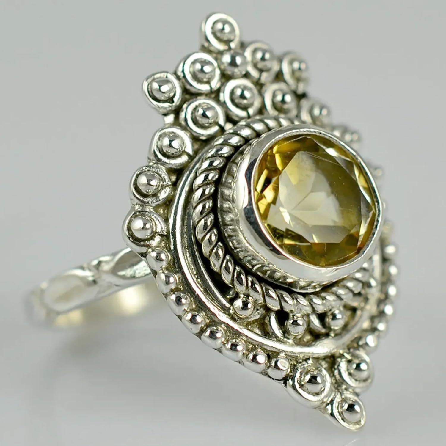 Navya Craft Citrine Ring, 925 Sterling Silver Statement Promise Ring for Women, Natural Yellow Citrine Round Gemstone Boho Jewelry, November Birthstone Gift
