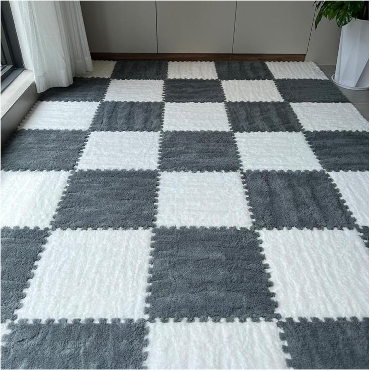 LoiYtrd Interlocking Carpet Tiles Soft EVA Foam Mats 10pcs 30x30x1cm Thickend Plush Puzzle Play Mat(White+Gray)