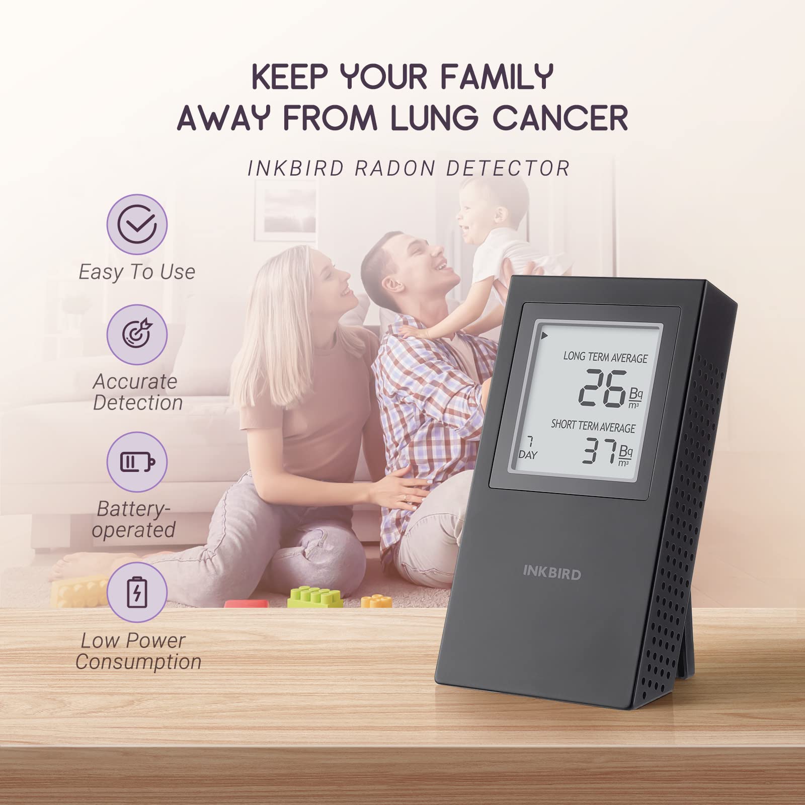 Inkbird Rilevatore di Radon Digitale,Misuratore di Radon Portatile con Monitoraggio Radon a Breve e Lungo Termine,Version EU-Bq/m³,Detector di Randon per Casa, Ufficio, Garage