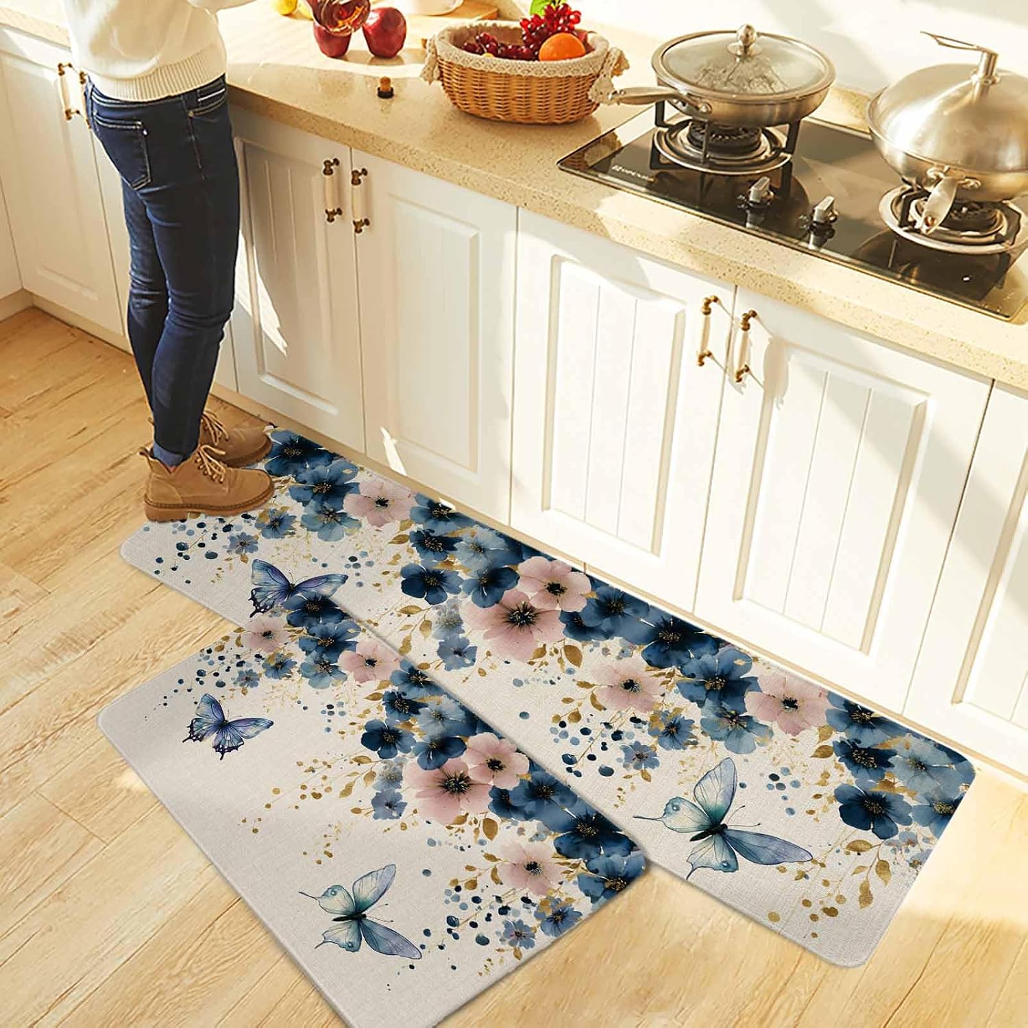 Weeping Blue Floral Kitchen Rugs and Mats Set of 2, Non-Slip Kitchen Sink Mat, Spring Butterflies Flowers Linen Washable Doormat Bathroom Rugs Runner for Bedroom/Living Room 23.6"x35.4"+23.6"x70.9"