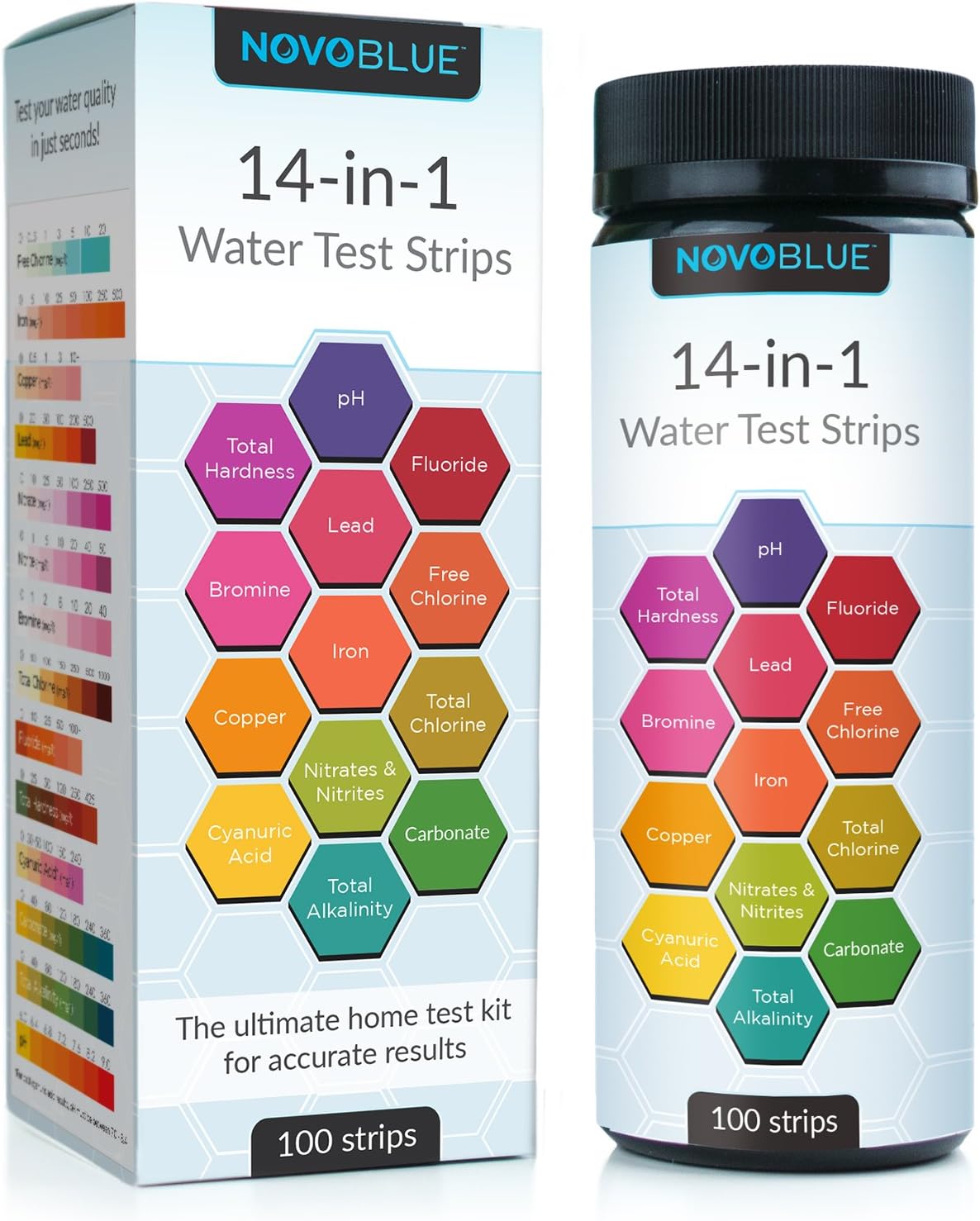 14-in-1 Water Test Kit by NovoBlue - Tester Strips for Pool, Spa, Hot Tub, Aquarium, Drinking Water, Well - Detect pH, Hardness (TDS), Chlorine, Fluoride, Lead, Iron, Copper, and more!