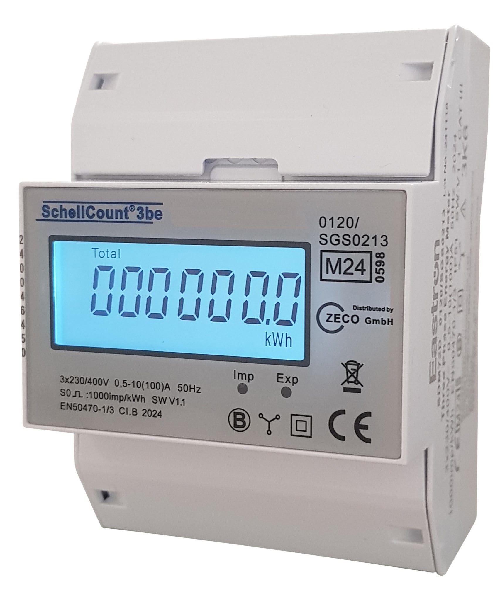 Stromzähler - SchellCount3be für Hutschiene Drehstromzähler 100A, 4TE, S0, digital LCD weiß-blau beleuchtet