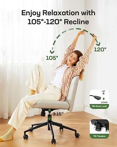 Miniatura 7 de Marsail Silla cruzada con ruedas silla de oficina de piel sintética con patas cruzadas, silla de escritorio sin brazos anchos, silla giratoria de