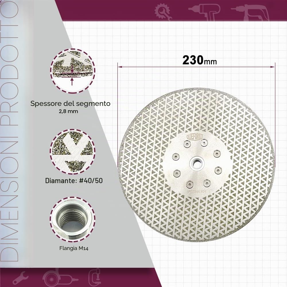 Disco Diamantato per Piastrelle 230mm - Disco per Taglio e Smerigliatura di Granito Marmo Ceramica Gres Porcellanato Quarzo, Flangia M14