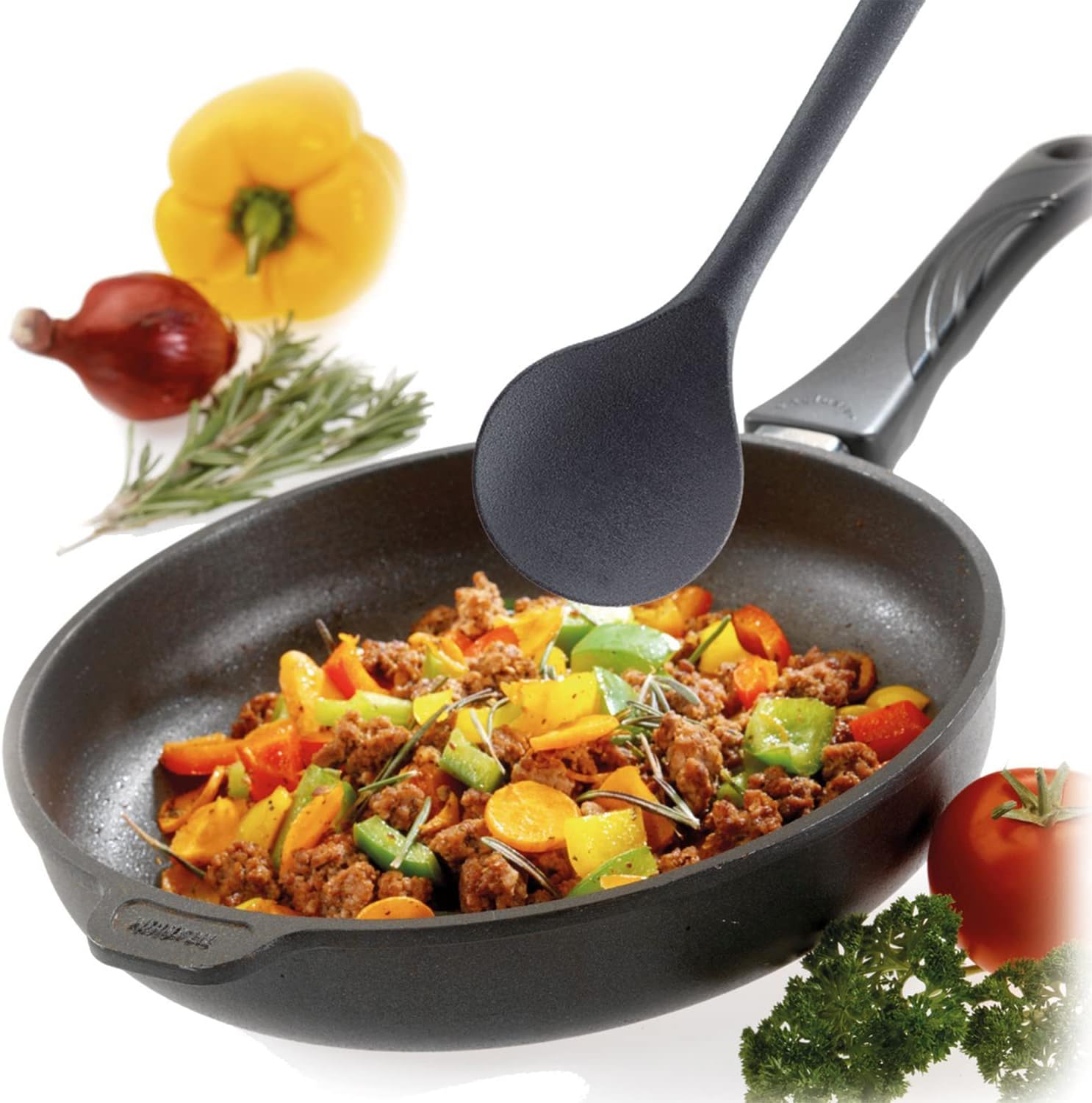 Westmark Gentle-Plus 288722E9 Pointed Hole Spoon + Stirring/Cooking Spoon Set of 2, High Heat Resistant up to 270 °C, Plastic, Black