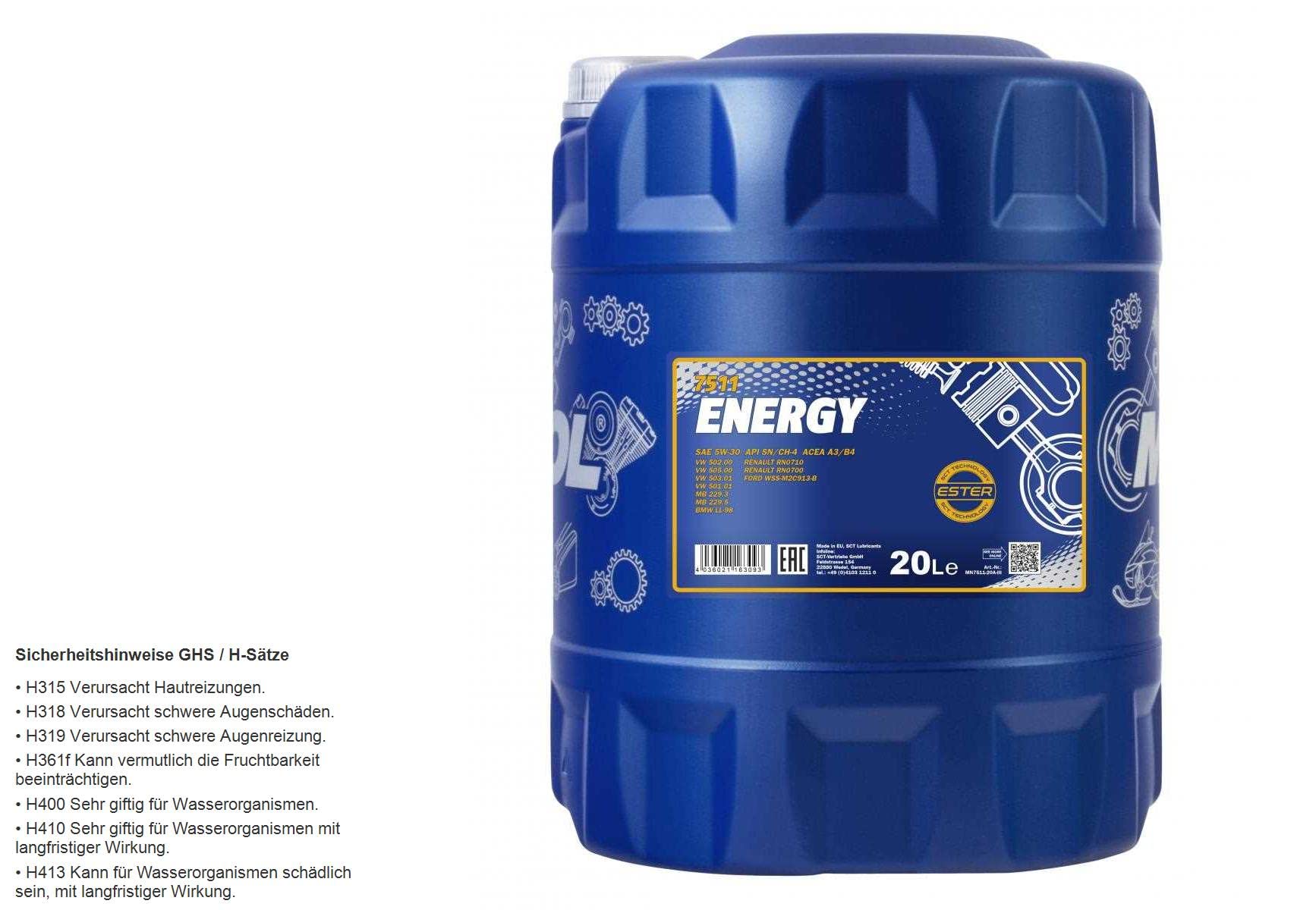 Mannol Energy 5W-30 API SL/CF - Aceite para motor (20 L)