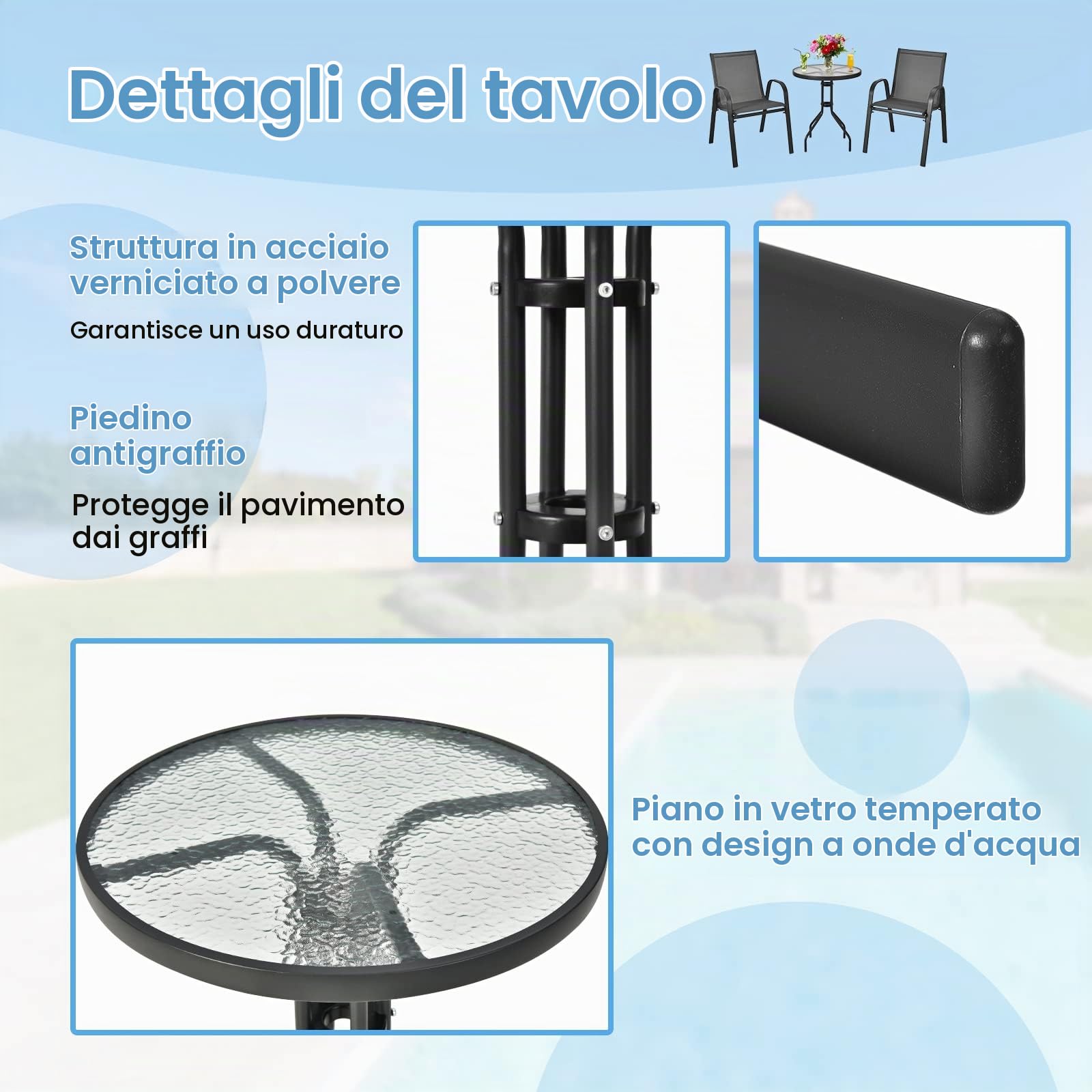 GYMAX Set Bistro da Esterno 3 Pezzi, 2 Poltrone e 1 Tavolino in Vetro Temprato, Telaio in Acciaio, per Giardino, Cortile, Balcone, Grigio