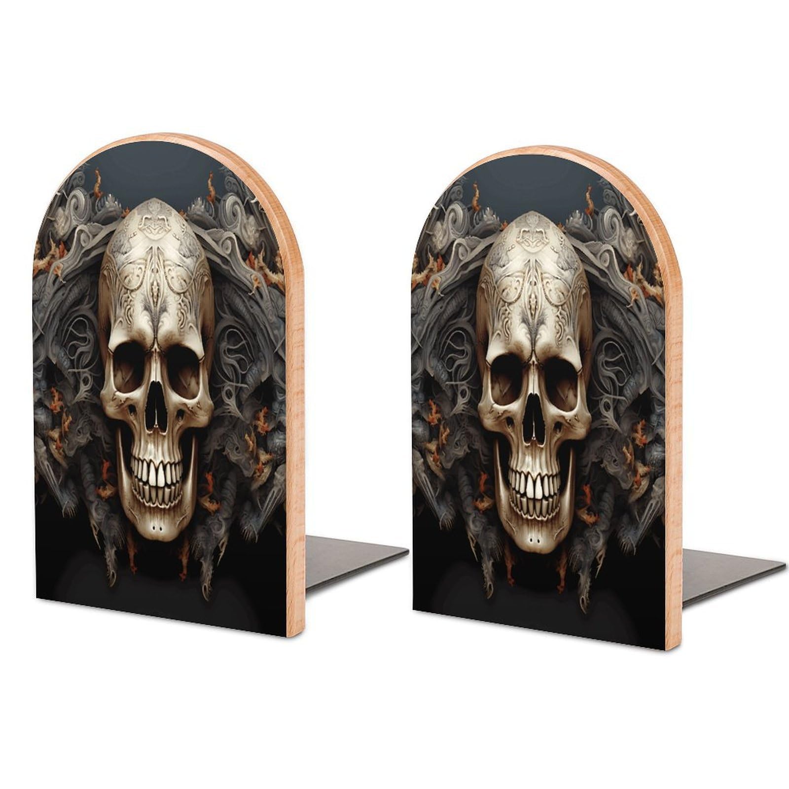Skulls Bookend Wood Book End for Shelves Heavy Duty Non-Slip Wooden Bookend Support Universal Economy Bookends Fancy Modern Decorative Book Accessories 1 Pairs