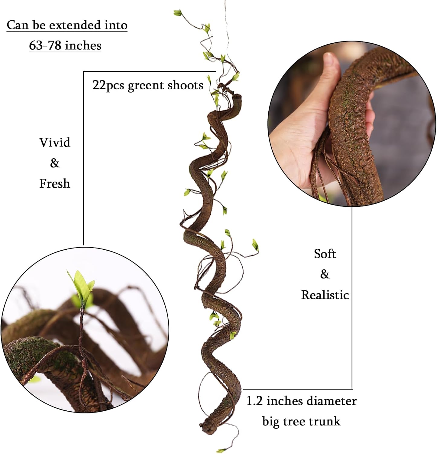 63in Bendable Thick Artificial Tree Branches Faux Wood Tree Trunk Twigs Grapevines Moss Plants Garland With Green Leaves For Wall Hanging Reptile Climbing Halloween Outdoor Arch Home Garden Decoration