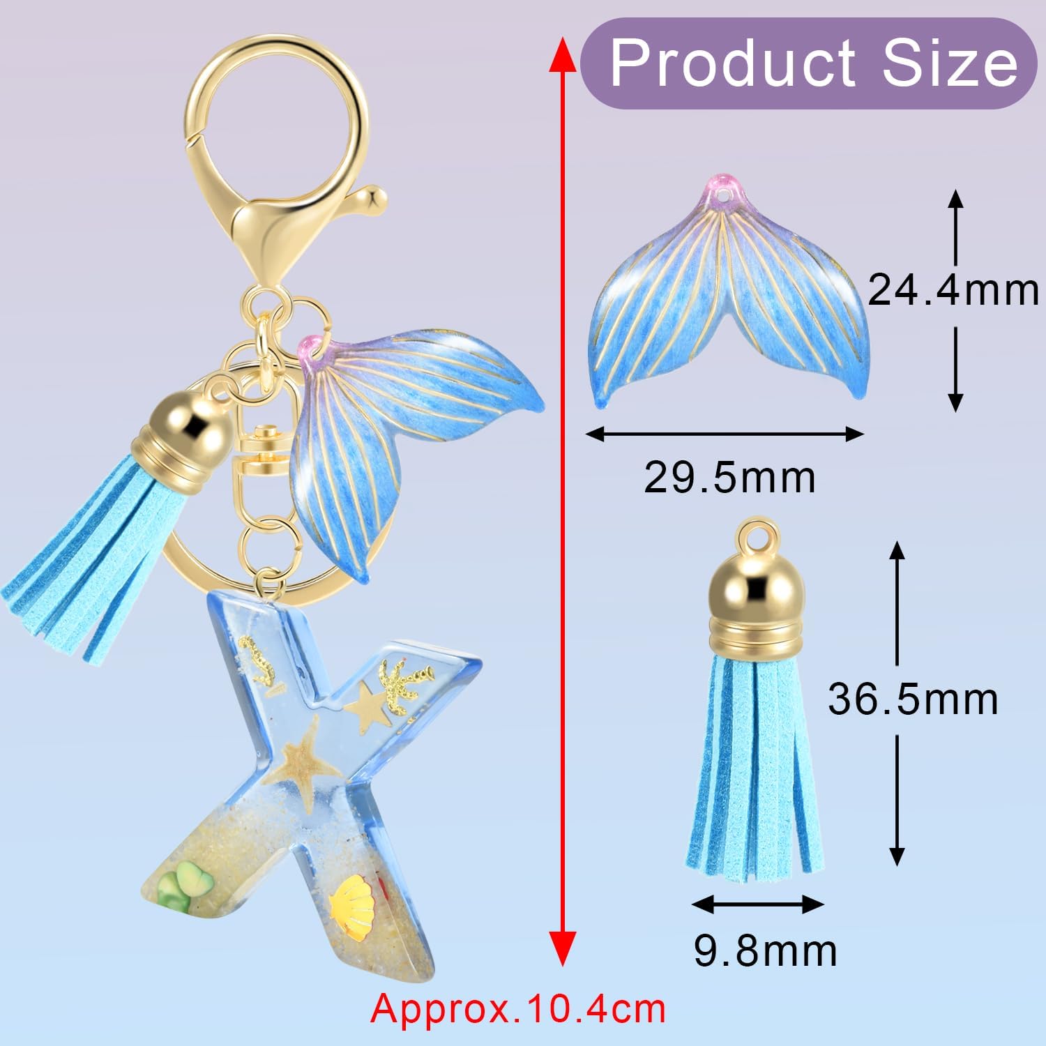 Initial letter Keychains for Women, Ocean Series Avowing Protect Earth Environment, Tassel Cute Car Keychain Initial Key Chain Keyring for Bookbag Handbag Backpack Charm Key Ring Unisex (Letter X) image 2