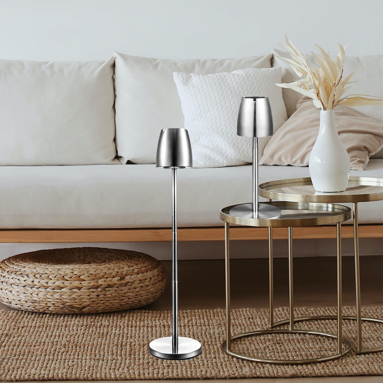 Cendrier de sol réglable en acier inoxydable : extérieur, extensible en hauteur 34-68 cm, cendrier de sol réglable avec couvercle et fond antidérapant, argenté