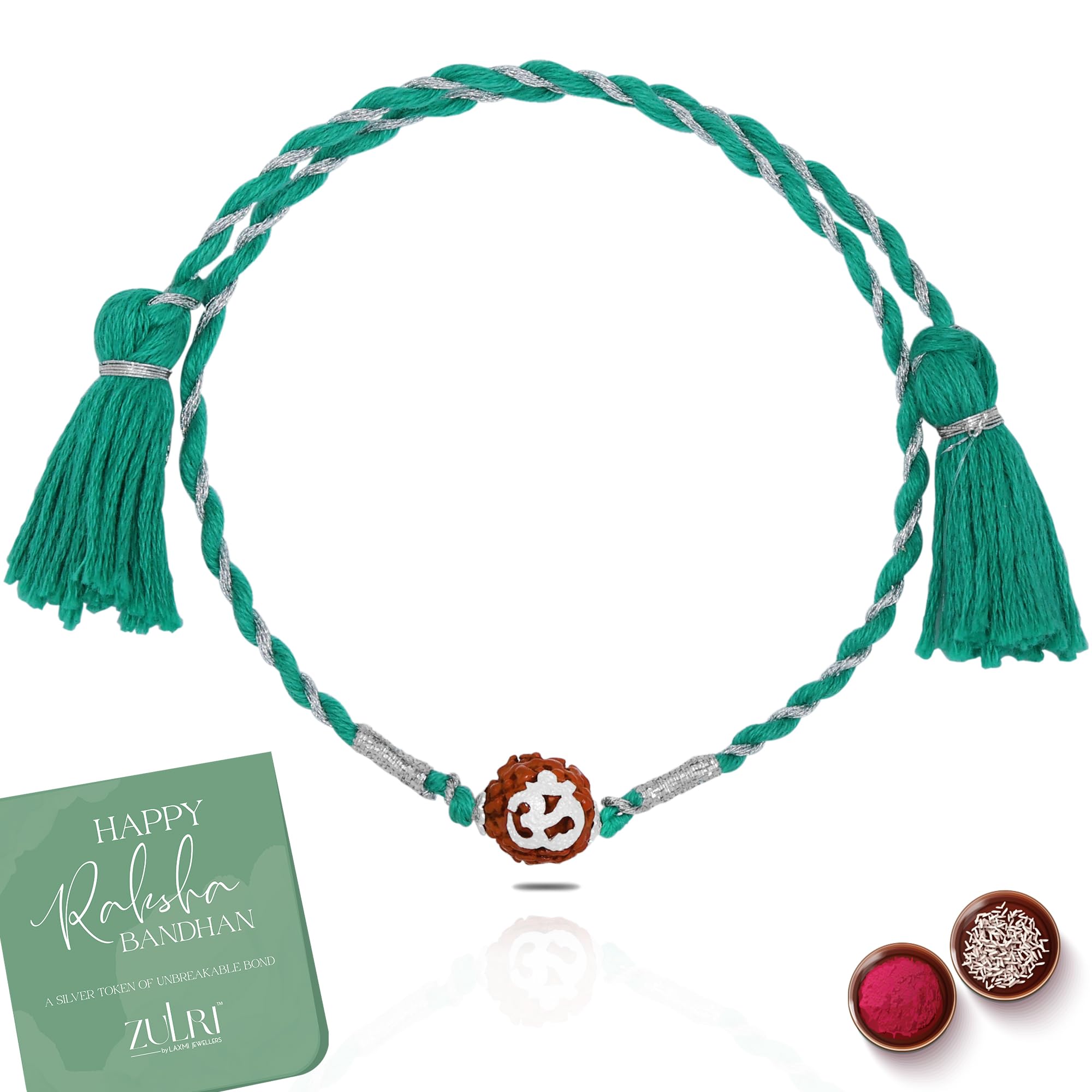 92.5 Sterling Silver Panchmukhi Rudraksha with OM Thread Rakhi For Rakshabandhan | Rakhi With Fragrance Greeting Card & Roli Chawal and Silver Certificate of Authenticity