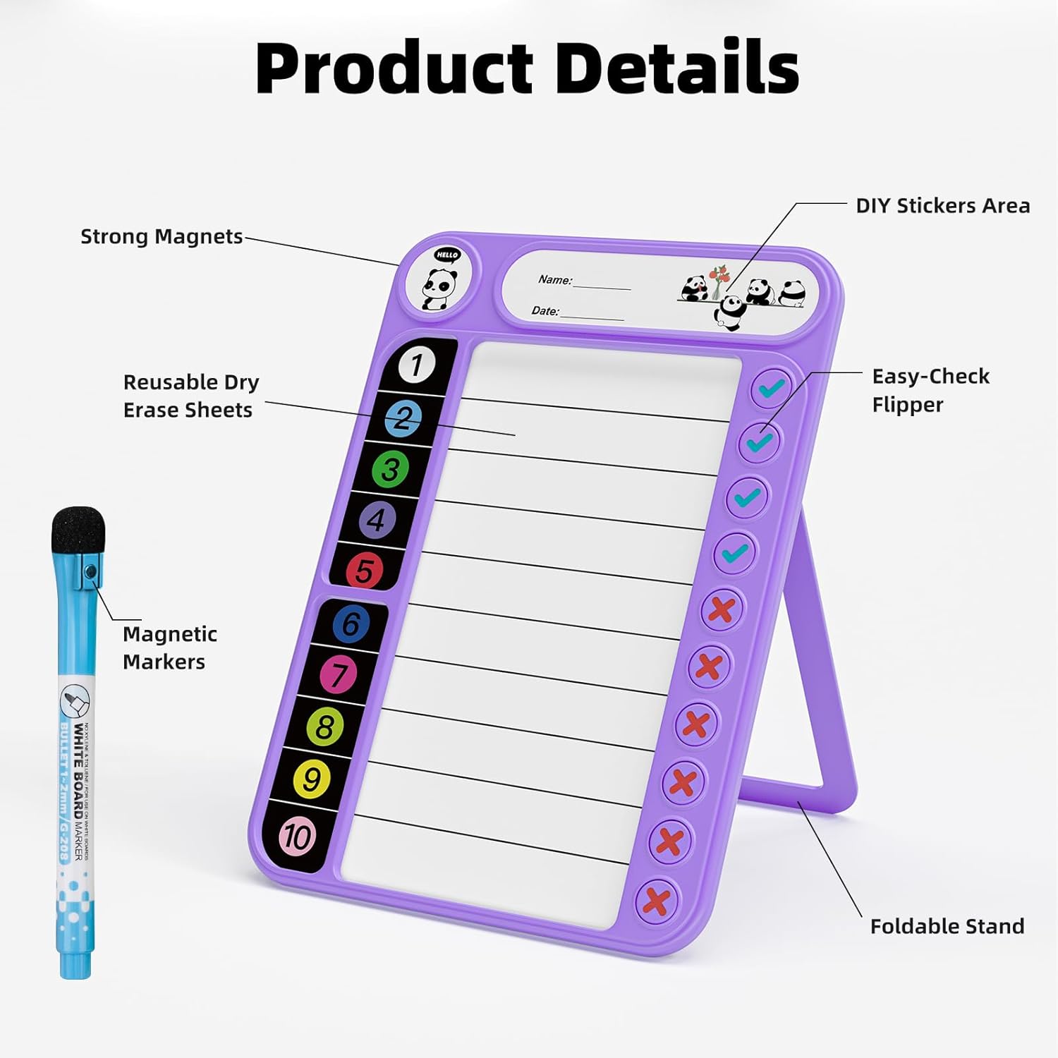 2-Pack Magnetic Chore Chart for Kids, ADHD Task Tracker Easy-Check Routine Dry Erase Board, to-Do List Planning Tool with Stand for Fridge/Desk/Home/School, 6 Reusable Sheets, 4 Markers Purple