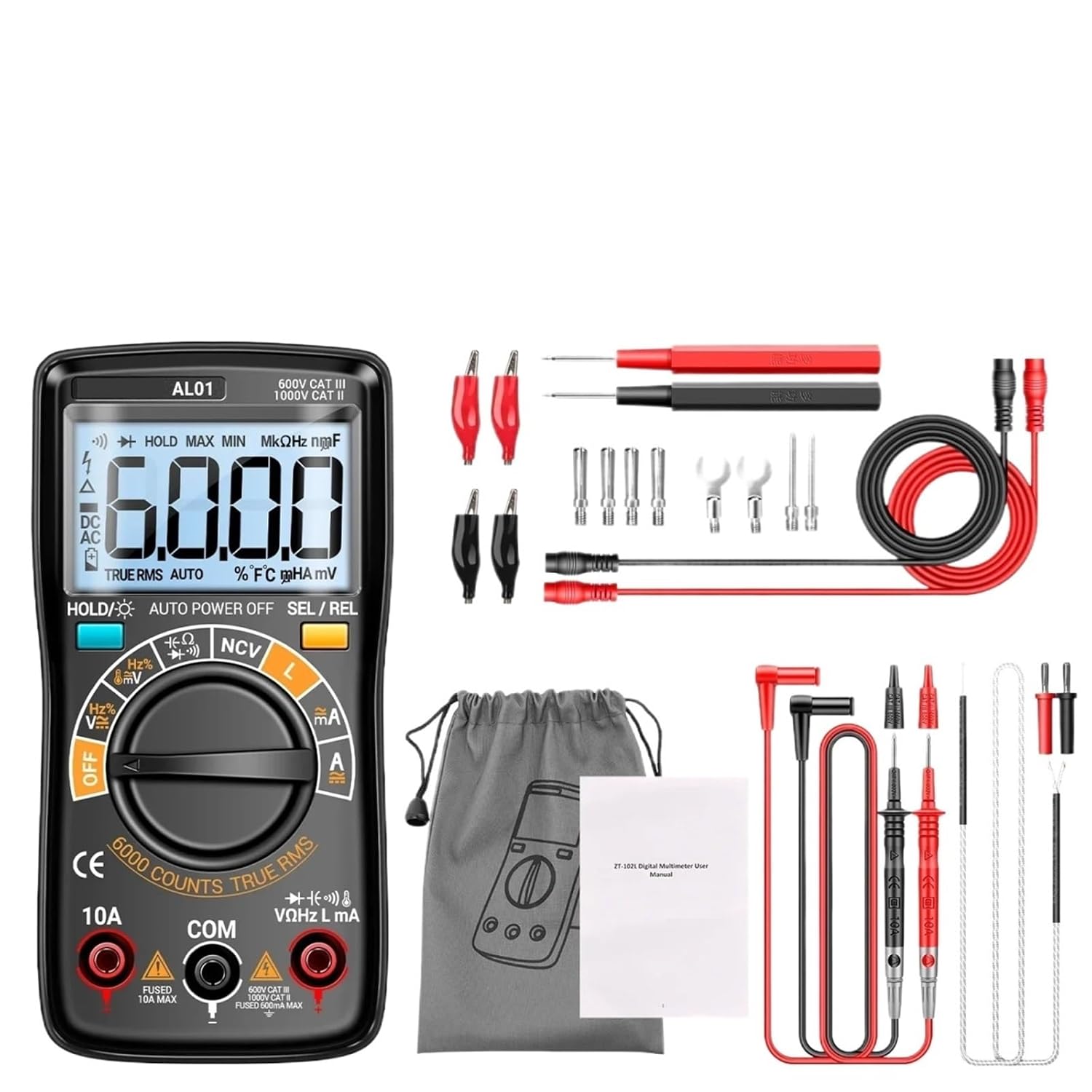 AL01 Smart Digital Multimeter 6000 Counts AC/DC Voltage Meter True-RMS Current Hz Resistance Capacitor NCV Detection Tools(AL01 Red)