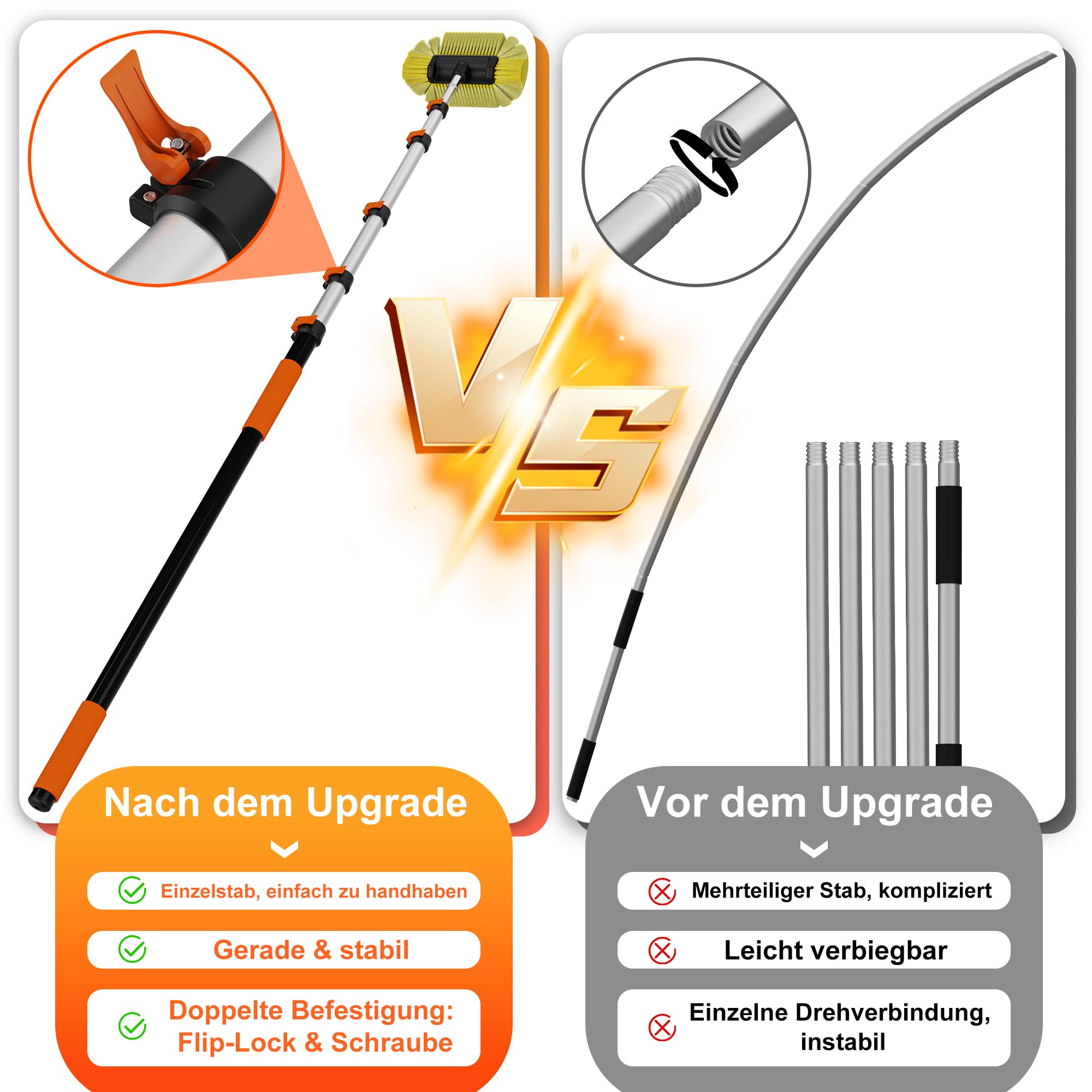 Autowaschbürste mit langem 4,3 m Teleskopstab, 30,6 cm weiche Borsten, für Auto, Wohnmobil, LKW, Boot & Solarpaneele, Orange