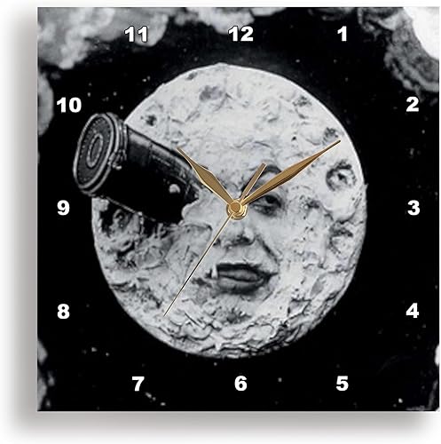 3dRose Reloj de pared silencioso - 15 pulgadas - Un viaje a la luna (negro y blanco) - Retro Sci Fi Vintage Cinema