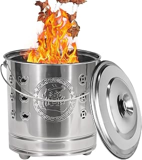 Burning Barrels for Outside – Covered Stainless Trash Container | Fire-Resistant Bucket with Liner Hook Handle Base Holes for Backyard Garden Beach Balcony Garbage Wood Waste Disposal