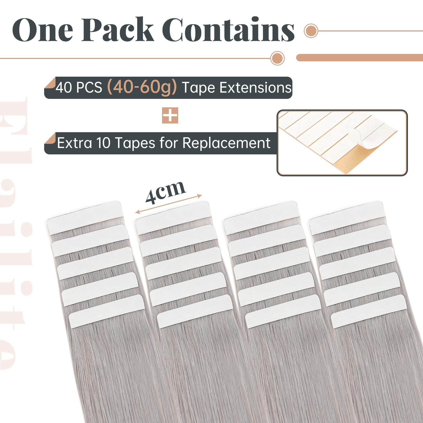 Elailite Extensiones Adhesivas Pelo Natural Gris 30g, 100% Cabello Humano sin Clip 20 Mechas Tape ins 35cm # Gris Claro