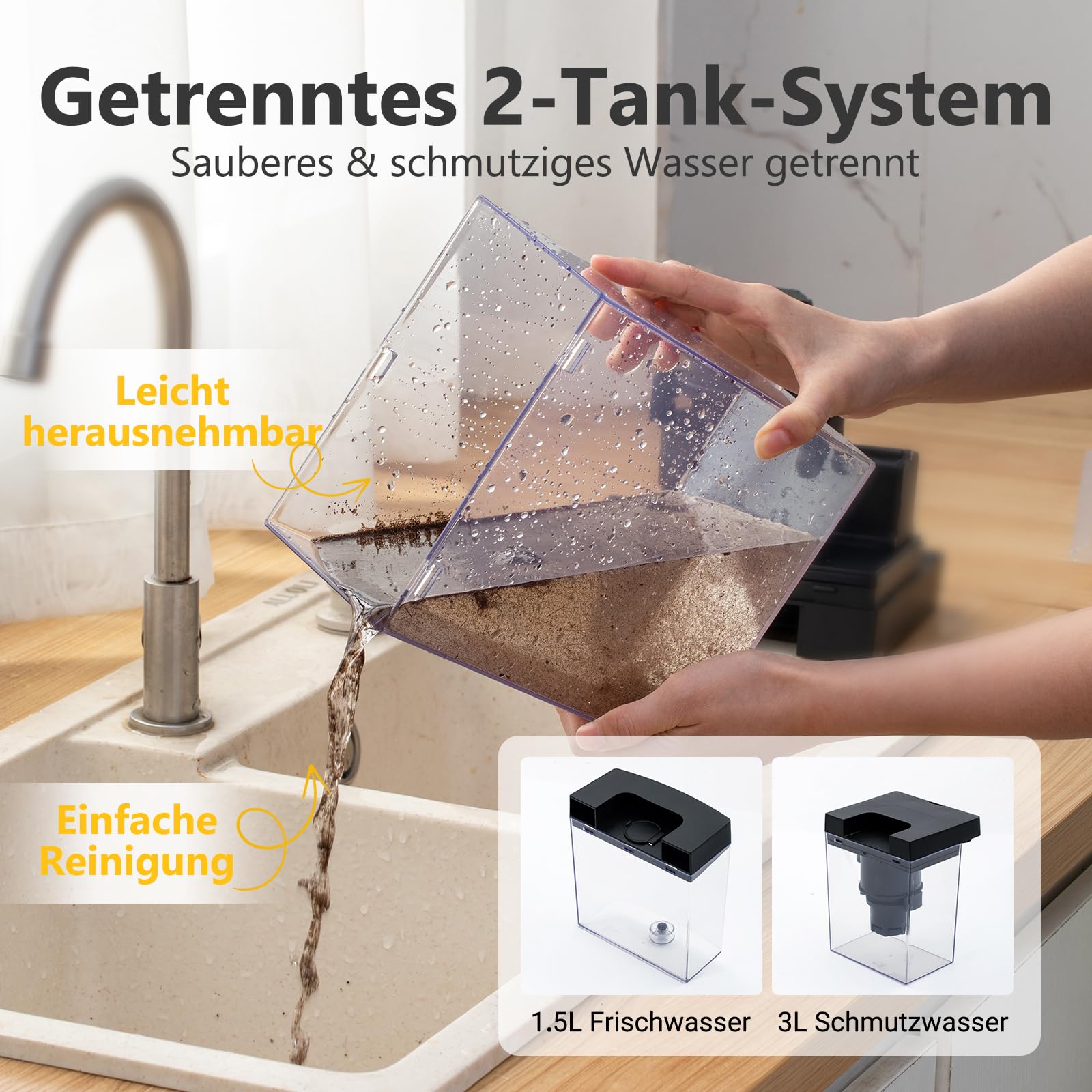 DY-510AC Waschsauger mit Dampffunktion, 20.000 Pa Saugkraft, 100 °C Dampf, 1,5 L/3 L Wassertanks, Selbstreinigungssystem, 5 Aufsätze für Polster, Auto, Teppich und Böden