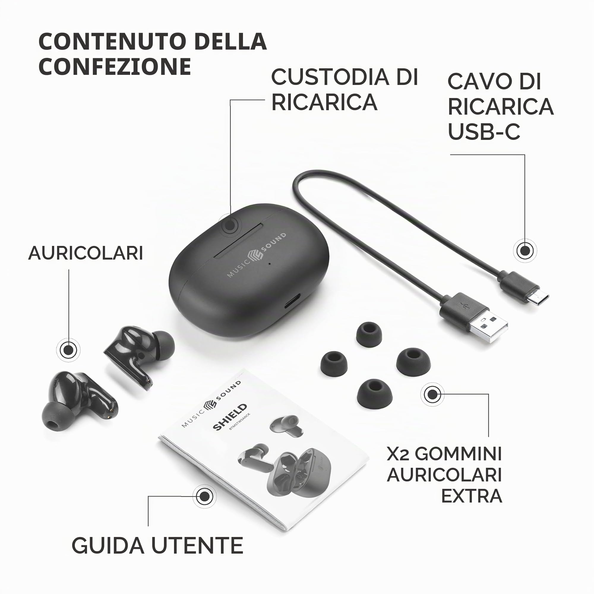 Music Sound – Auricolari TWS Bluetooth SHIELD – Wireless – Design In-Ear – Tecnologia ANC Active Noise Cancelling - Play Time 30 Ore – Modalità Trasparency – Nero