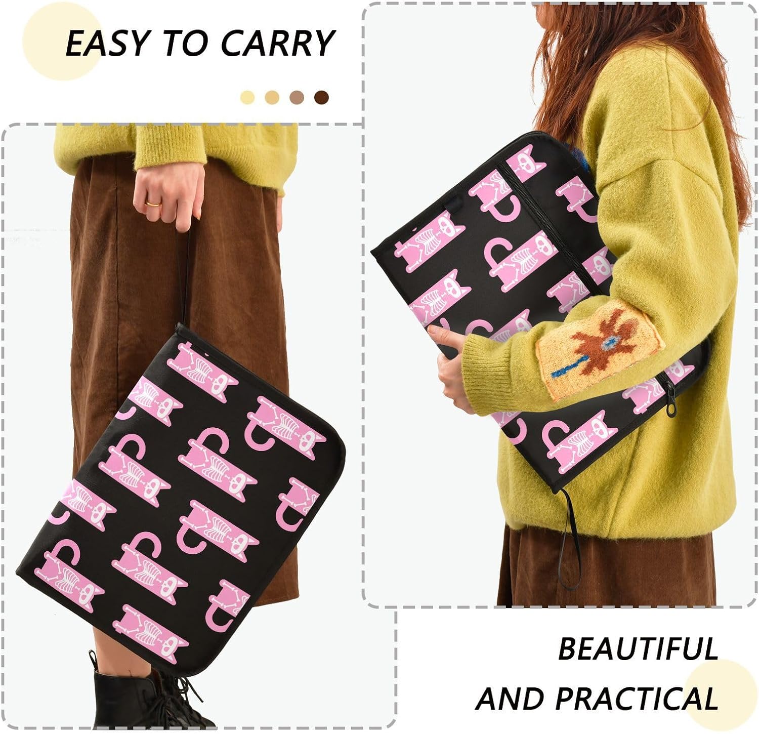 13 Pockets Expanding File Folder Skeleton Cat Black and Pink with Labels Accordion File Folder Document Organizer Letter Size A4 Papers Expandable File Keeper