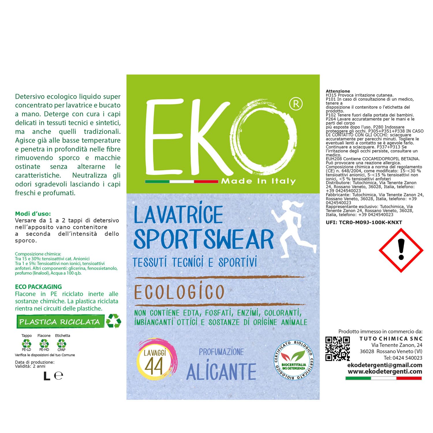 Eko Detersivo Lavatrice Capi Sportivi Sportswear Alicante - 10Kg Bag in BOX - Concentrato Ecologico