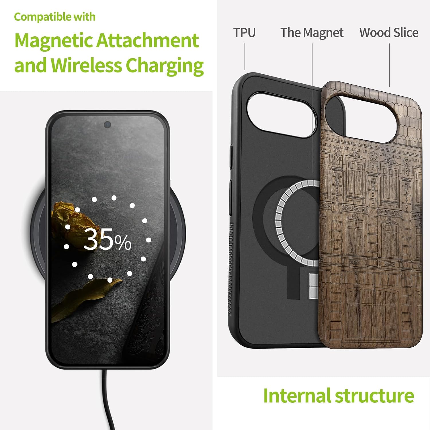 Carveit Magnetic Wooden Case for Google Pixel 10a Case, Wood Artisan Engraved & Soft TPU Shockproof Cover, Compatible with MagSafe Wireless Chargers (Baroque Architectural Art) Walnut