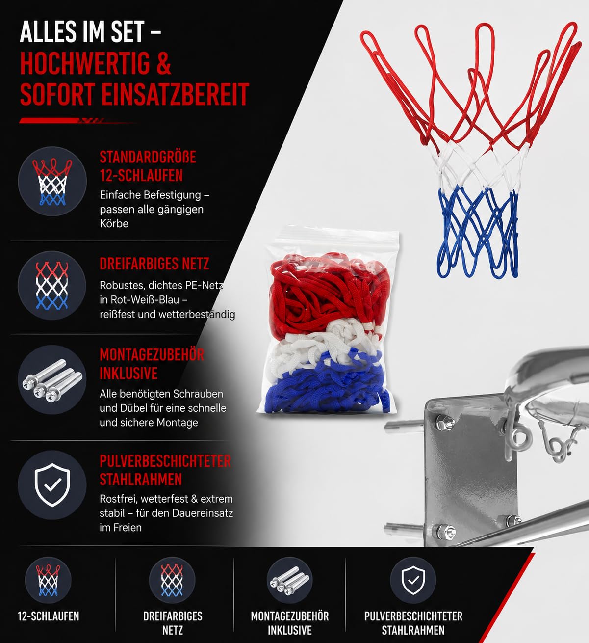 molti Canasta de baloncesto para montaje en pared – Aros de baloncesto con red y tornillos, Ø 45 cm para interior y exterior Canasta robusta para jardín, garaje, escuela y campo deportivo (plata, 45